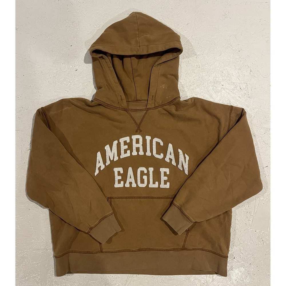 Vintage Y2K American Eagle Embroidered Hoodie Sweatshirt Mens S Tan Brown